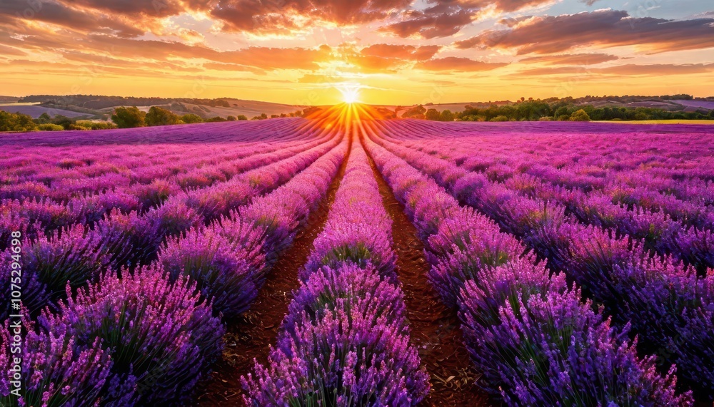 Fototapeta premium A lavender field at sunset - nature, romance and tranquility.