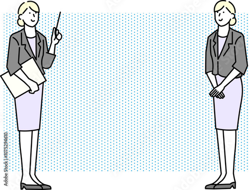 お客様に提案をするビジネスパーソンー女性ー全身ークリップボードーベクターイラスト素材