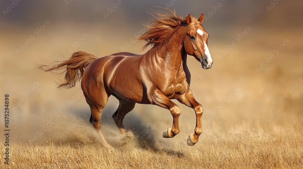 A chestnut horse gallops across the meadow, its powerful legs driving it forward with grace and speed A chestnut horse gallops across the meadow, its powerful legs driving it forward with grace and speed