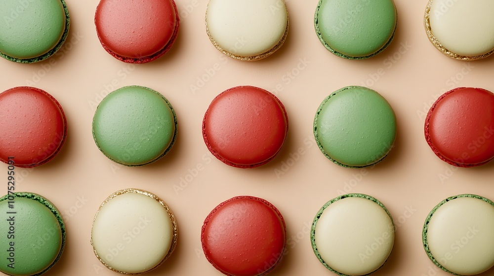 Vibrant green, red, and gold macarons arranged in a pleasing pattern against a soft pastel background, creating a festive and elegant look Vibrant green, red, and gold macarons arranged in a pleasing pattern against a soft pastel background, creating a festive and elegant look