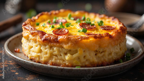 Decadent mac and cheese pie with crispy pepperoni - perfect for comfort food blogs, recipe websites, family dinner ideas, or indulgent culinary photography