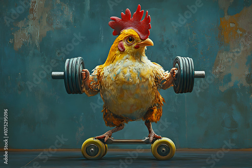 Strong chicken lifting weights on a skateboard, showcasing a unique blend of humor, strength, and creativity, perfect for artistic projects, fun designs, and storytelling ideas photo