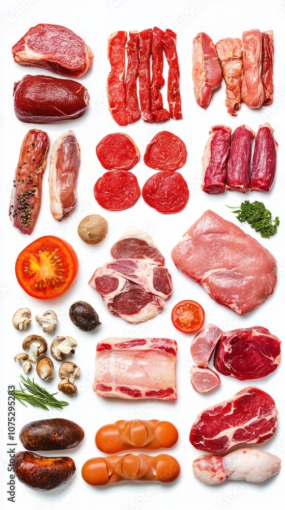 A variety of meats and vegetables are displayed on a white background A variety of meats and vegetables are displayed on a white background