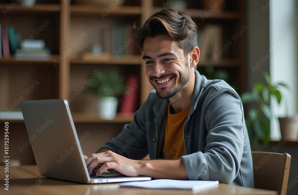 Student sitting at the table in front of laptop, smiling and typing, doing assignments, studying online Student sitting at the table in front of laptop, smiling and typing, doing assignments, studying online