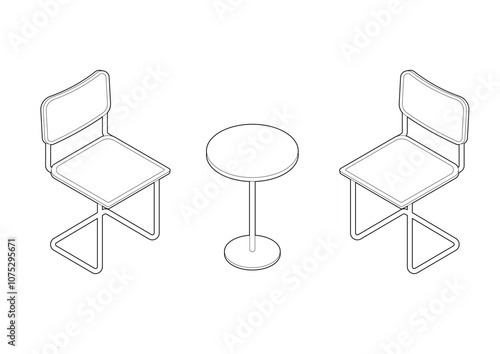 isometric table, chair line vector line