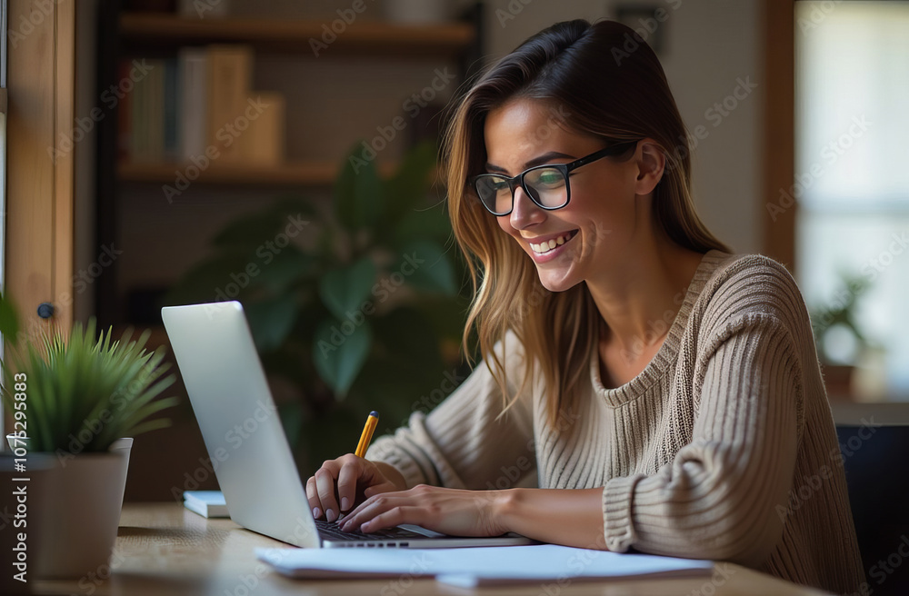 Student sitting at the table in front of laptop, smiling and typing, doing assignments, studying online Student sitting at the table in front of laptop, smiling and typing, doing assignments, studying online