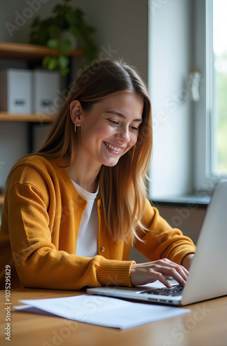 Student sitting at the table in front of laptop, smiling and typing, doing assignments, studying online