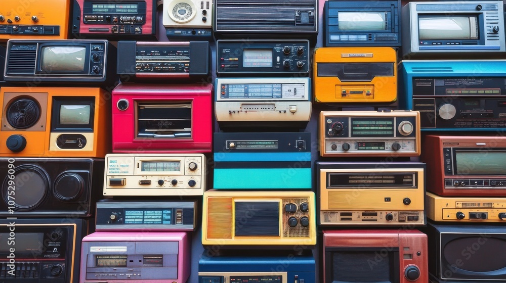 Fototapeta premium A vibrant collection of vintage radios in various colors and designs, showcasing retro technology from the mid-20th century.