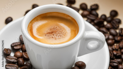 A close-up of a creamy espresso in a white cup, surrounded by roasted coffee beans, creating a warm and inviting coffee experience.