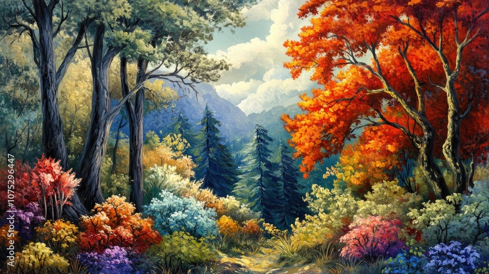 Oil painting depicting trees and plants in a natural reserve showcasing vibrant colors and scenic beauty of the landscape Oil painting depicting trees and plants in a natural reserve showcasing vibrant colors and scenic beauty of the landscape