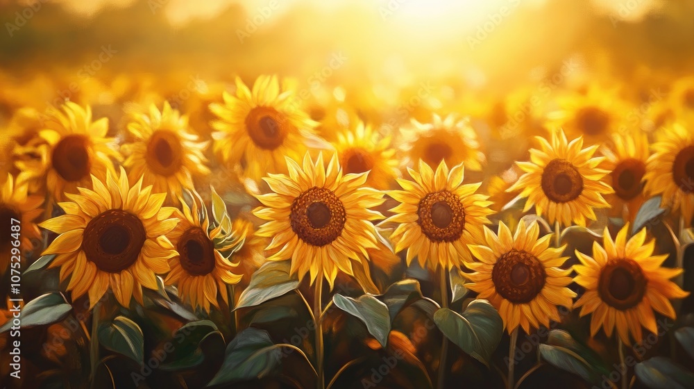 Obraz premium Oil painting depicting a vibrant field of blooming sunflowers illuminated by a soft golden sunset capturing the beauty of nature s blossoms in warm light