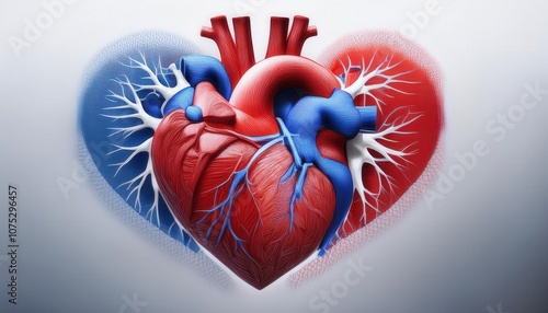 Highly Detailed 3D Anatomical Illustration of the Human Heart with Vascular System, Showing Arteries, Veins, and Blood Flow Patterns for Medical Education, Cardiovascular Research and Health Awareness photo