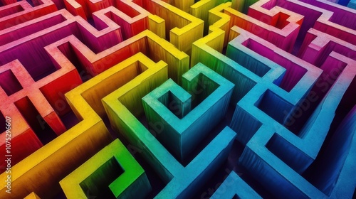 A vibrant, colorful maze design featuring intricate paths in rainbow hues, creating a visually stimulating pattern. photo