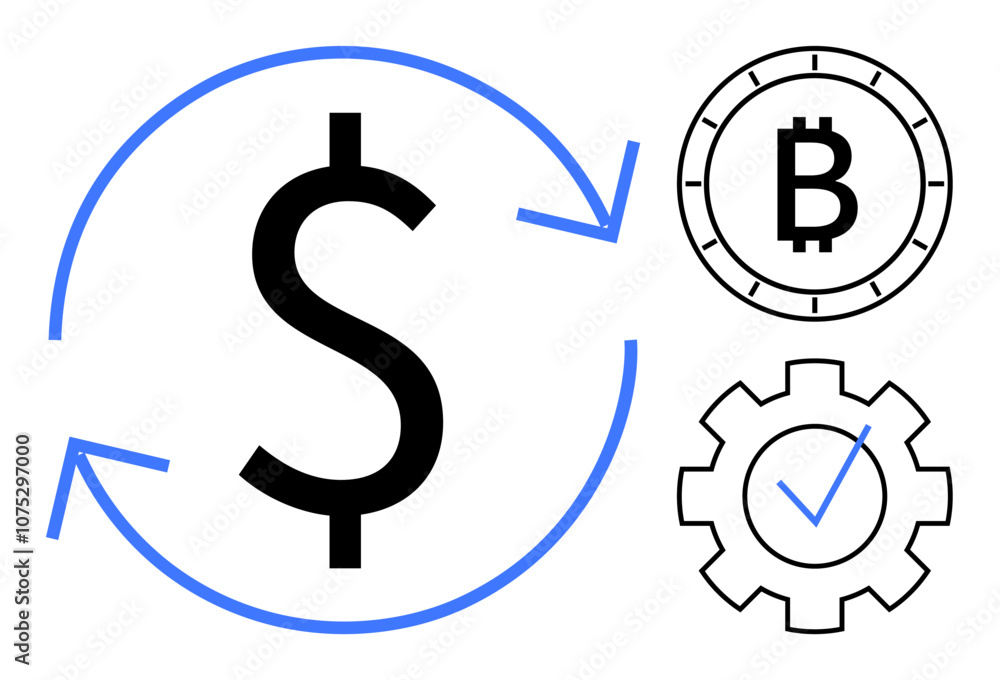 Dollar sign with exchange arrows, Bitcoin symbol, and gear with check mark. Ideal for finance, cryptocurrency, investment, technology, blockchain, business planning, consultancy. Line metaphor Dollar sign with exchange arrows, Bitcoin symbol, and gear with check mark. Ideal for finance, cryptocurrency, investment, technology, blockchain, business planning, consultancy. Line metaphor