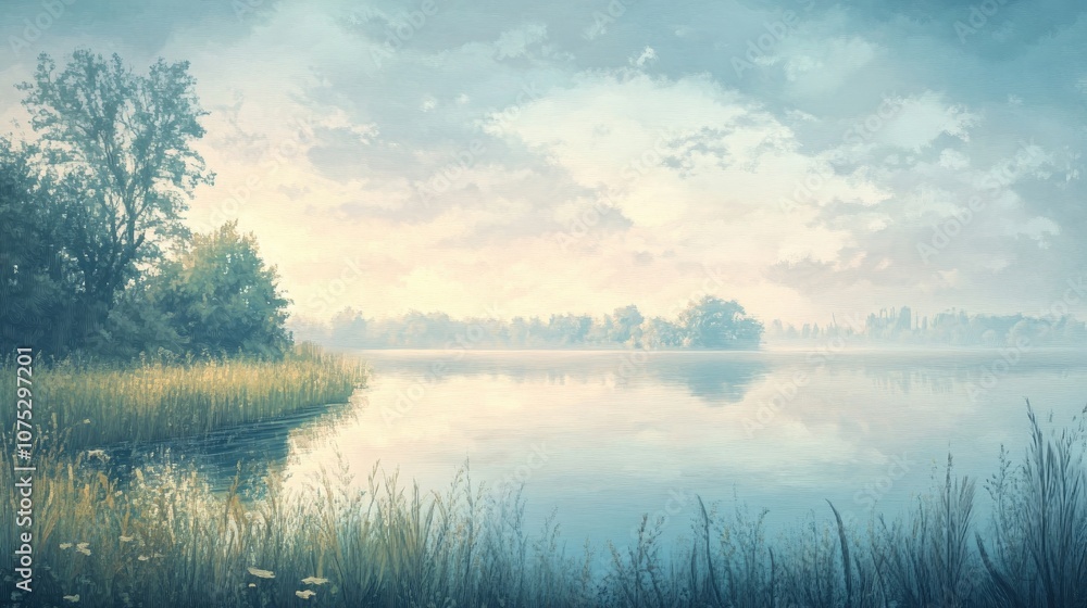 Fototapeta premium Oil painting depicting a serene morning landscape with a tranquil atmosphere and picturesque scenery