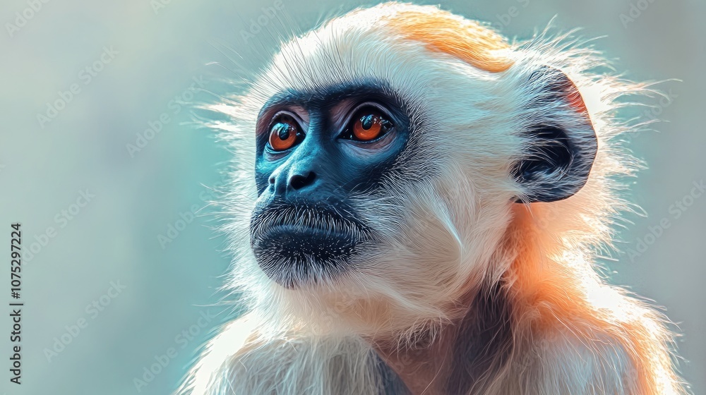 Obraz premium High key portrait of a grey langur in an expressive close up style showcasing intricate details and vibrant hues