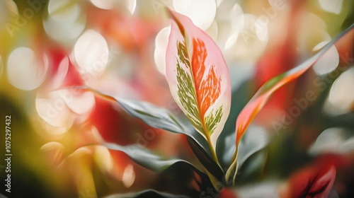 Oil painting depicting a defocused abstract composition featuring the ornamental plant aglonema snow white creating a visually rich backdrop photo