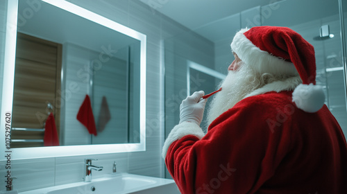 Santa Claus stands at a bathroom mirror, carefully brushing his teeth as part of his pre-Christmas routine. Santa shows dedication to holiday preparations. Image made using Generative AI. photo