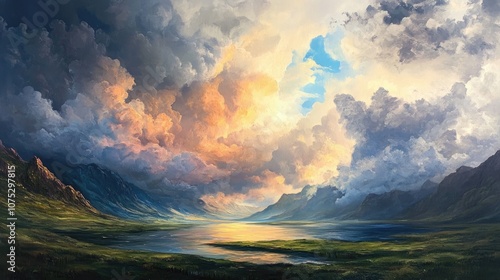 Fototapeta Naklejka Na Ścianę i Meble -  Oil painting depicting a stunning landscape with beautifully crafted artistic clouds