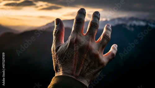 目の前にかざした無骨な男性の右手_01