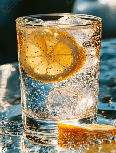 A clear glass filled with ice water, garnished with a slice of fresh lemon. photo