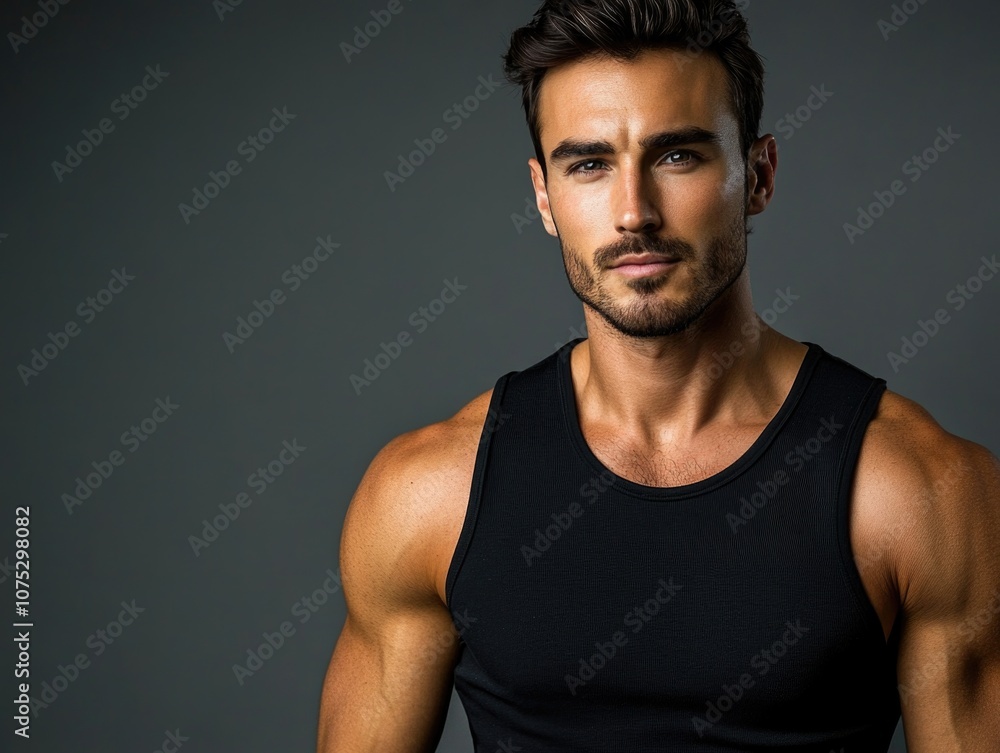 Fototapeta premium Man with a beard and a black tank top is standing in front of a gray background. He has a confident and attractive appearance