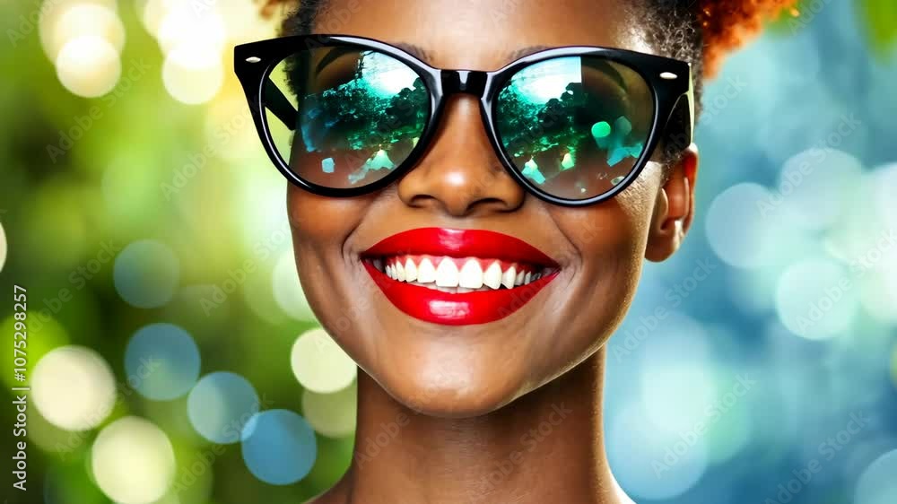 A joyful young woman sporting stylish sunglasses beams with happiness amidst a lush, colorful garden. Her radiant smile captures the warmth of a perfect day A joyful young woman sporting stylish sunglasses beams with happiness amidst a lush, colorful garden. Her radiant smile captures the warmth of a perfect day