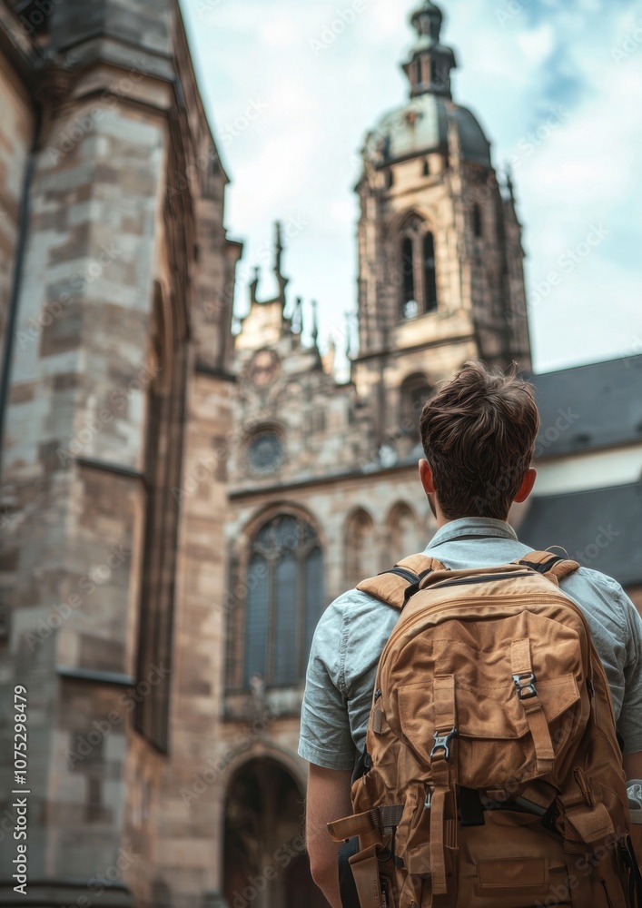 A man wearing a backpack is standing in front of a large building A man wearing a backpack is standing in front of a large building