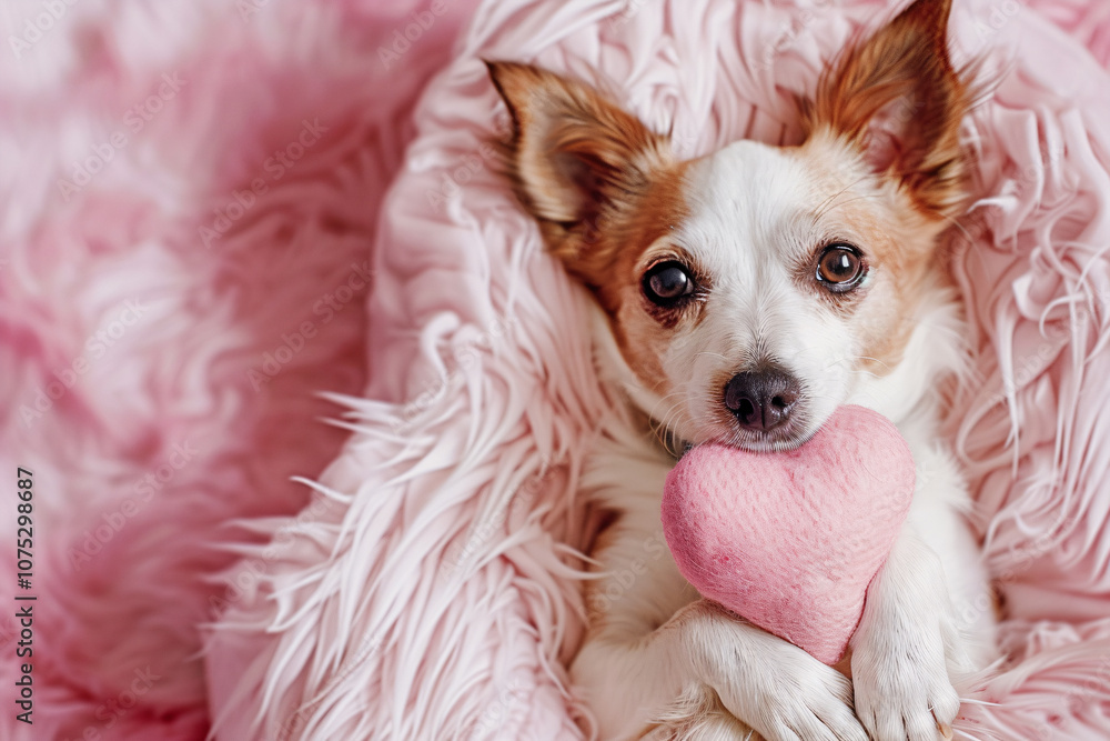 Cute dog holding pink plush heart in paws