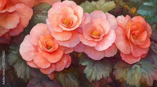Oil painting of coral pink Elatior begonias with double blooms showcasing the beauty of this flowering plant from the Begoniaceae family
