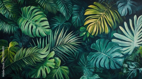 Oil painting depicting vibrant tropical foliage evoking a fresh summer ambiance with lush greenery
