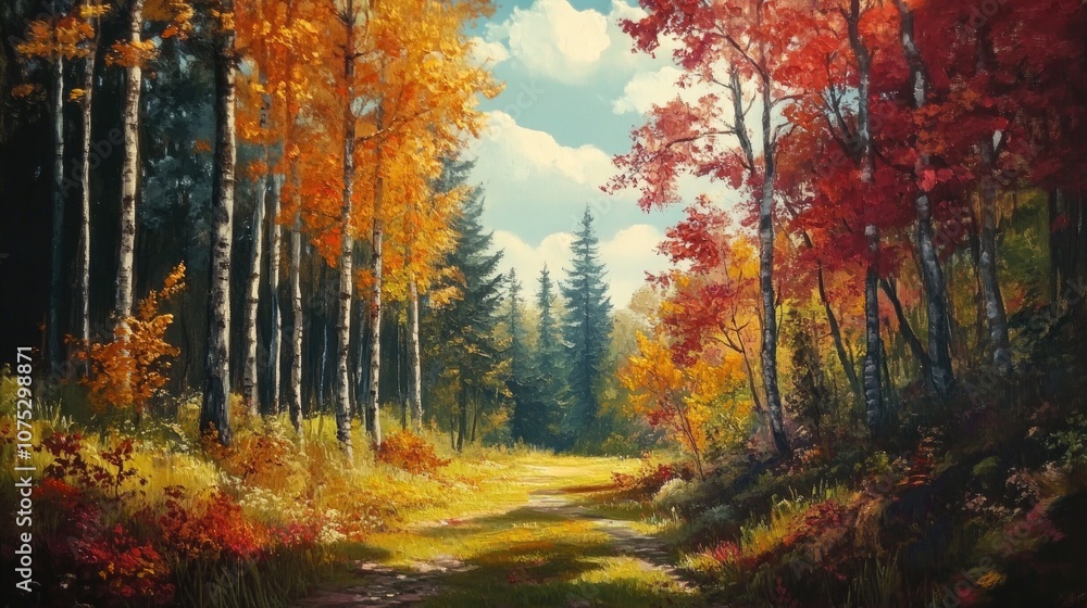 Fototapeta premium Oil painting depicting a vibrant autumn day in a forest showcasing the beauty of seasonal nature