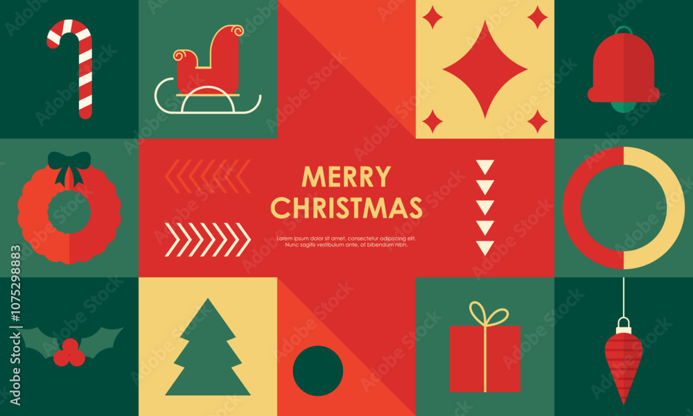 Naklejka premium Geometric Christmas Seamless Pattern with Christmas Flat Icons Elements for Wrapping Paper, Background, or Wallpaper