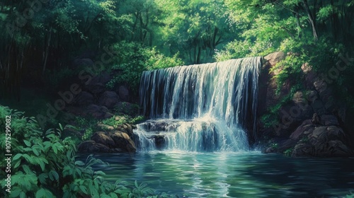 Oil painting of a serene waterfall surrounded by lush greenery