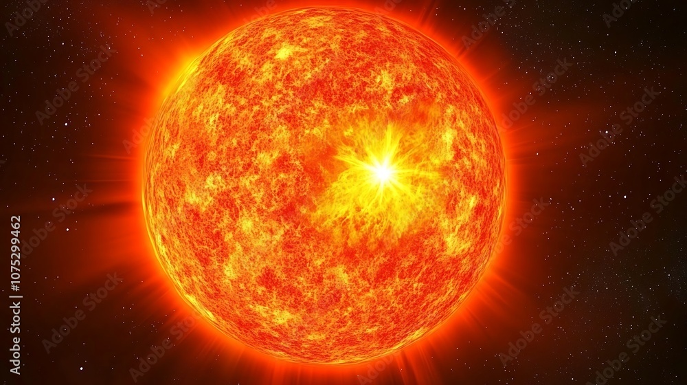 A Close-up of the Sun with Bright Light and Flares Against a Dark Starry Background A Close-up of the Sun with Bright Light and Flares Against a Dark Starry Background