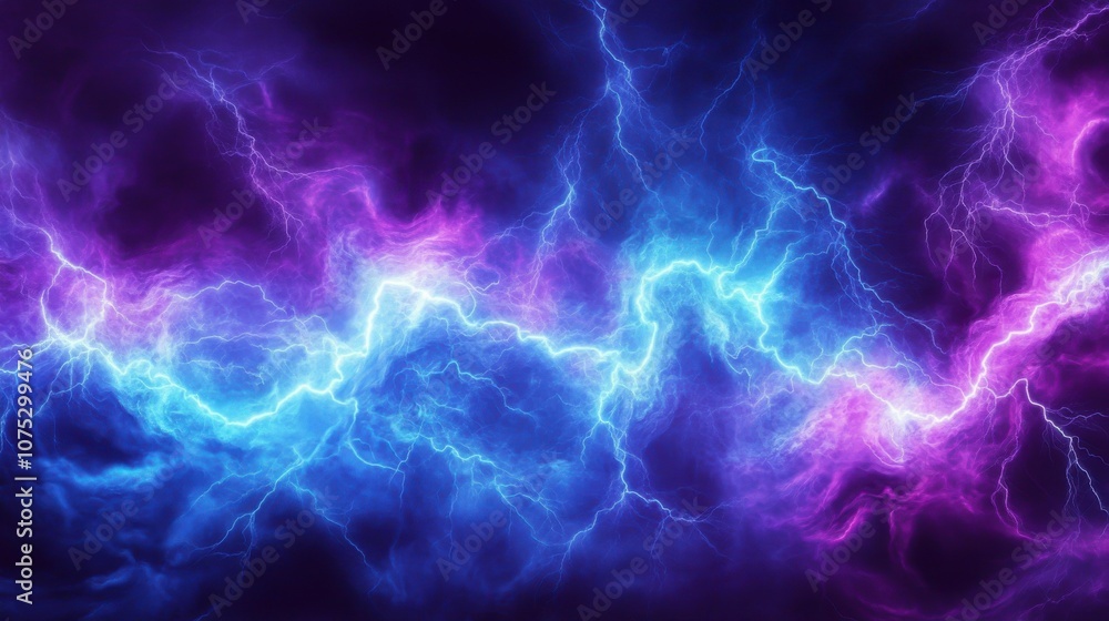 A vibrant display of blue and purple lightning bolts illuminating the dark atmosphere. A vibrant display of blue and purple lightning bolts illuminating the dark atmosphere.