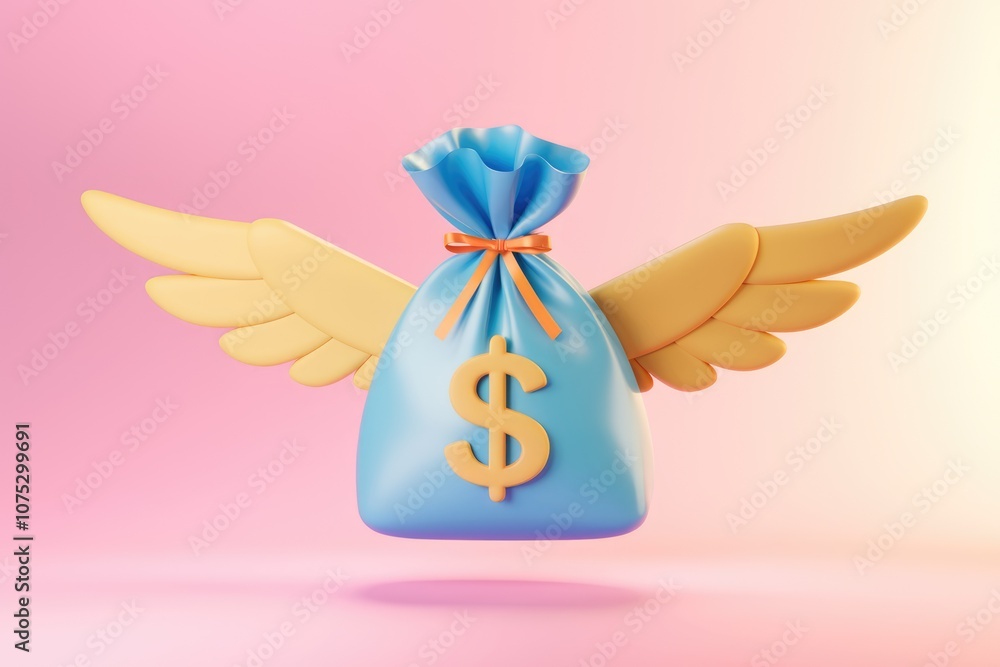 A blue money bag with wings symbolizing financial growth and success. A blue money bag with wings symbolizing financial growth and success.