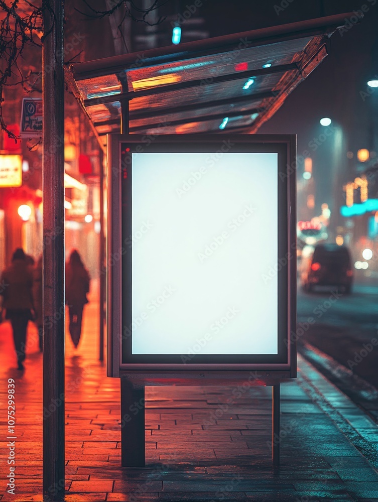 Bus stop with no buses, nighttime view in cityscape. Bus stop with no buses, nighttime view in cityscape.