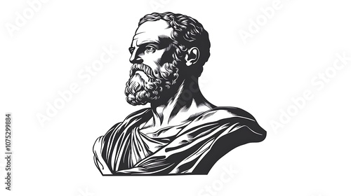 A classical bust of a philosopher with a beard, draped in a toga.