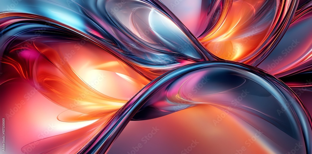 Abstract background with intertwining glossy shapes in red, orange, and blue hues. Abstract background with intertwining glossy shapes in red, orange, and blue hues.