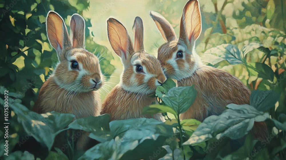 Obraz premium Oil painting of rabbits feeding on leaves in a garden at a countryside farm showcasing their herbivorous nature