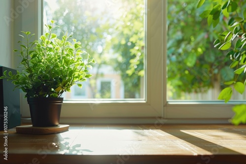 A small plant in a black pot on a wooden window sill, illuminated by natural sunlight.