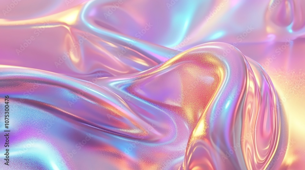 Abstract iridescent holographic background with wavy, rippling surface in soft pink, blue and yellow tones. Abstract iridescent holographic background with wavy, rippling surface in soft pink, blue and yellow tones.