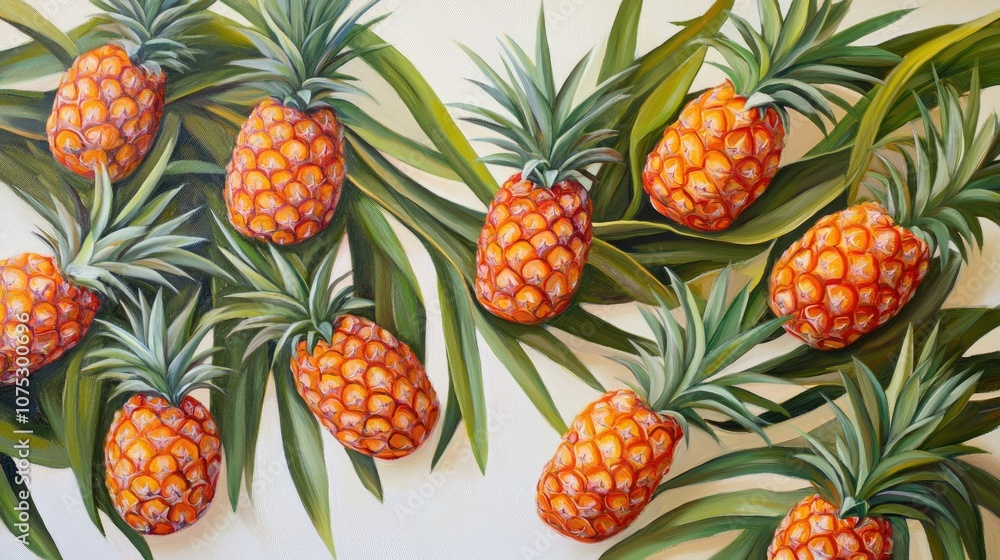 Top view oil painting featuring ripe pineapples surrounded by vibrant green leaves on a white background showcasing their natural beauty Top view oil painting featuring ripe pineapples surrounded by vibrant green leaves on a white background showcasing their natural beauty