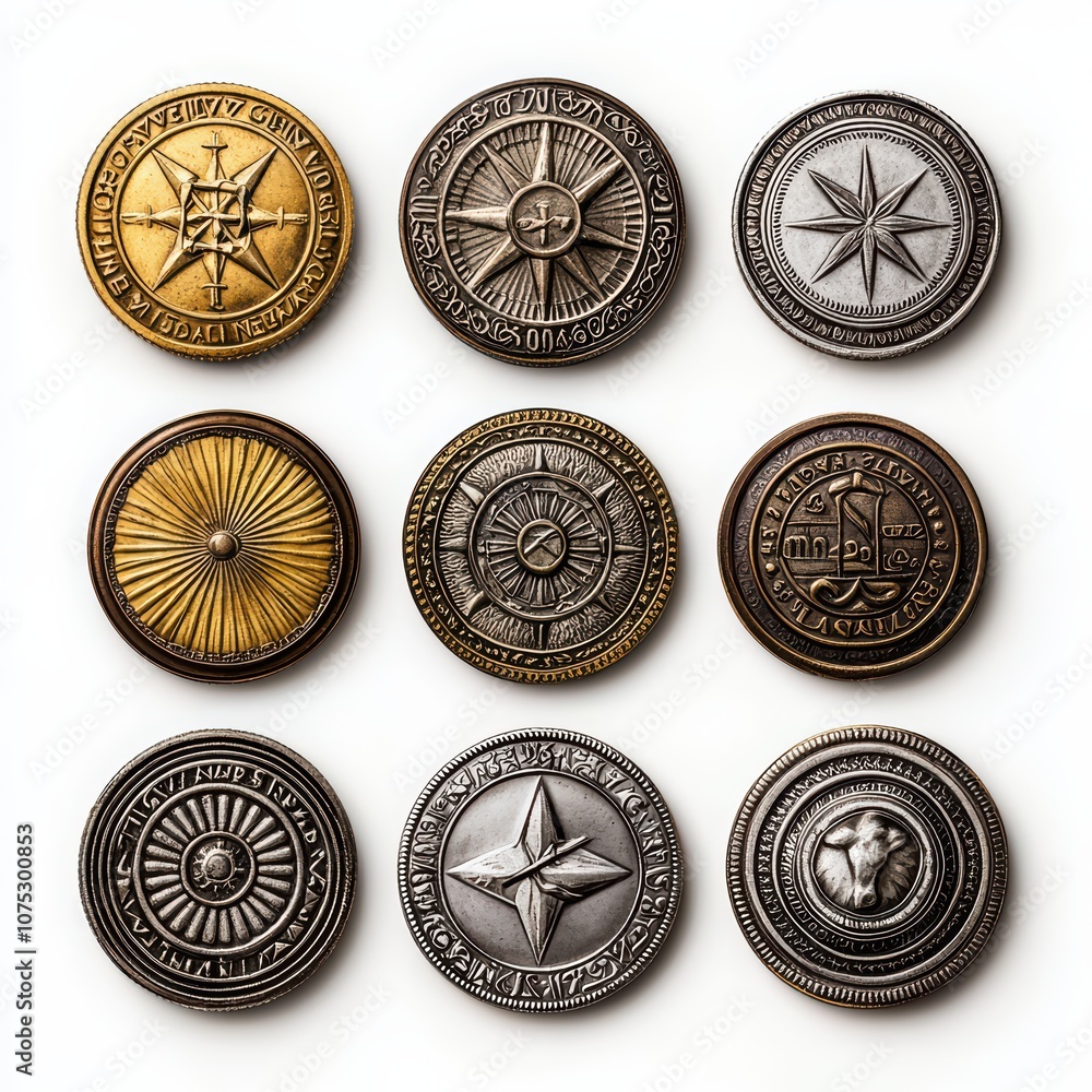 Collection of decorative compass rose coins, various designs, isolated on white background. Collection of decorative compass rose coins, various designs, isolated on white background.