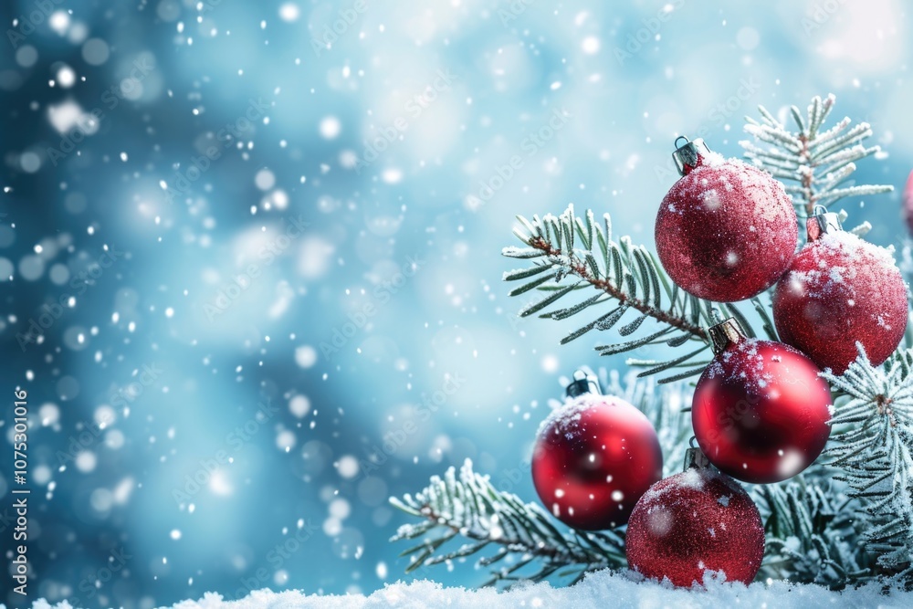 A vibrant and festive Christmas tree decorated with red baubles set against a snowy backdrop. A vibrant and festive Christmas tree decorated with red baubles set against a snowy backdrop.