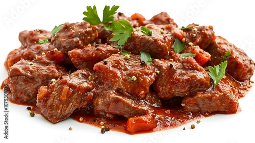 A plate of beef stew garnished with herbs, showcasing a rich, savory dish.