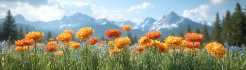 Vibrant orange flowers bloom against a stunning mountain backdrop, showcasing the beauty of nature in a serene landscape. Vibrant orange flowers bloom against a stunning mountain backdrop, showcasing the beauty of nature in a serene landscape.