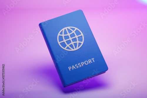 A blue passport with a globe icon on a purple background photo