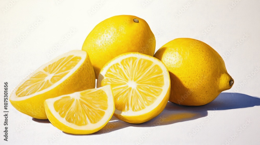 Oil painting of a whole lemon and lemon slices on a white background featuring the fruit in isolation Oil painting of a whole lemon and lemon slices on a white background featuring the fruit in isolation